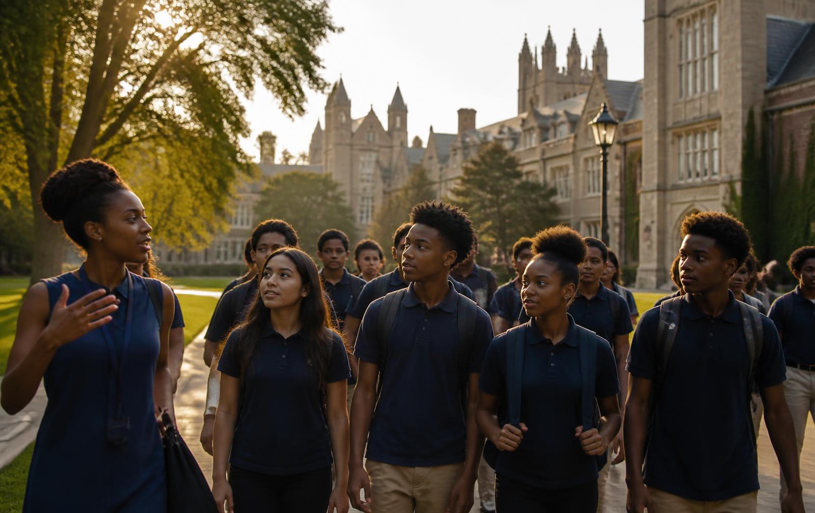 Students in navy uniform shirts walking a university campus quad with a guide at golden hour