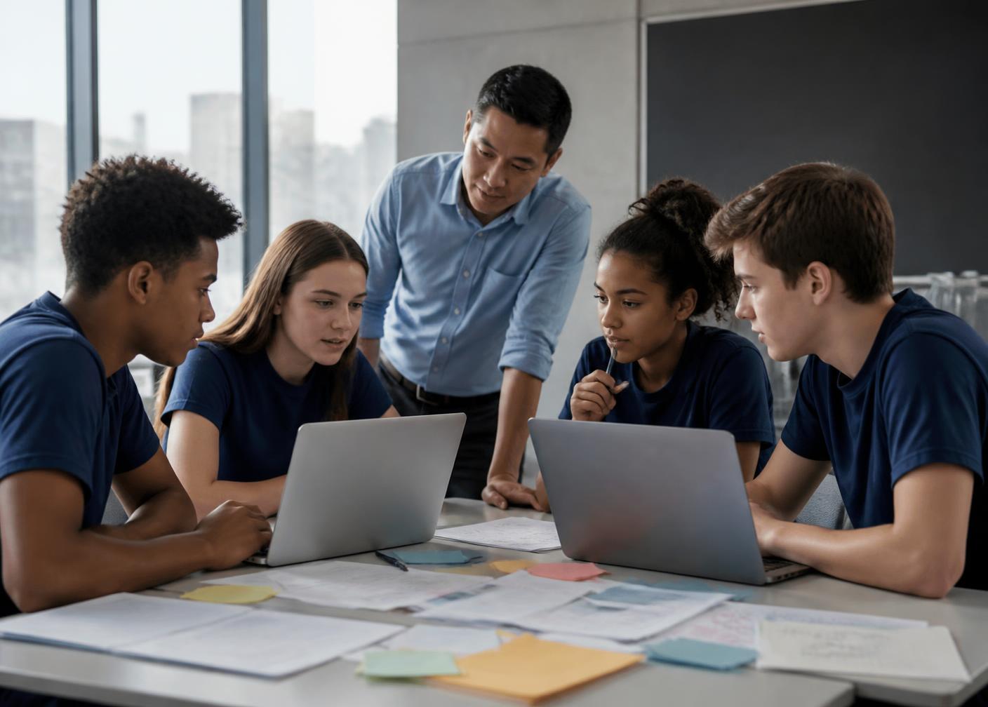 Students collaborating on laptops in a modern classroom while a teacher helps