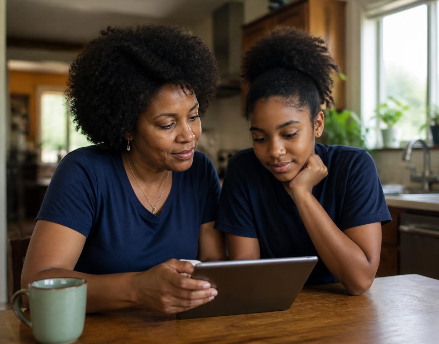 A parent and teenage student reviewing school information together on a tablet at home