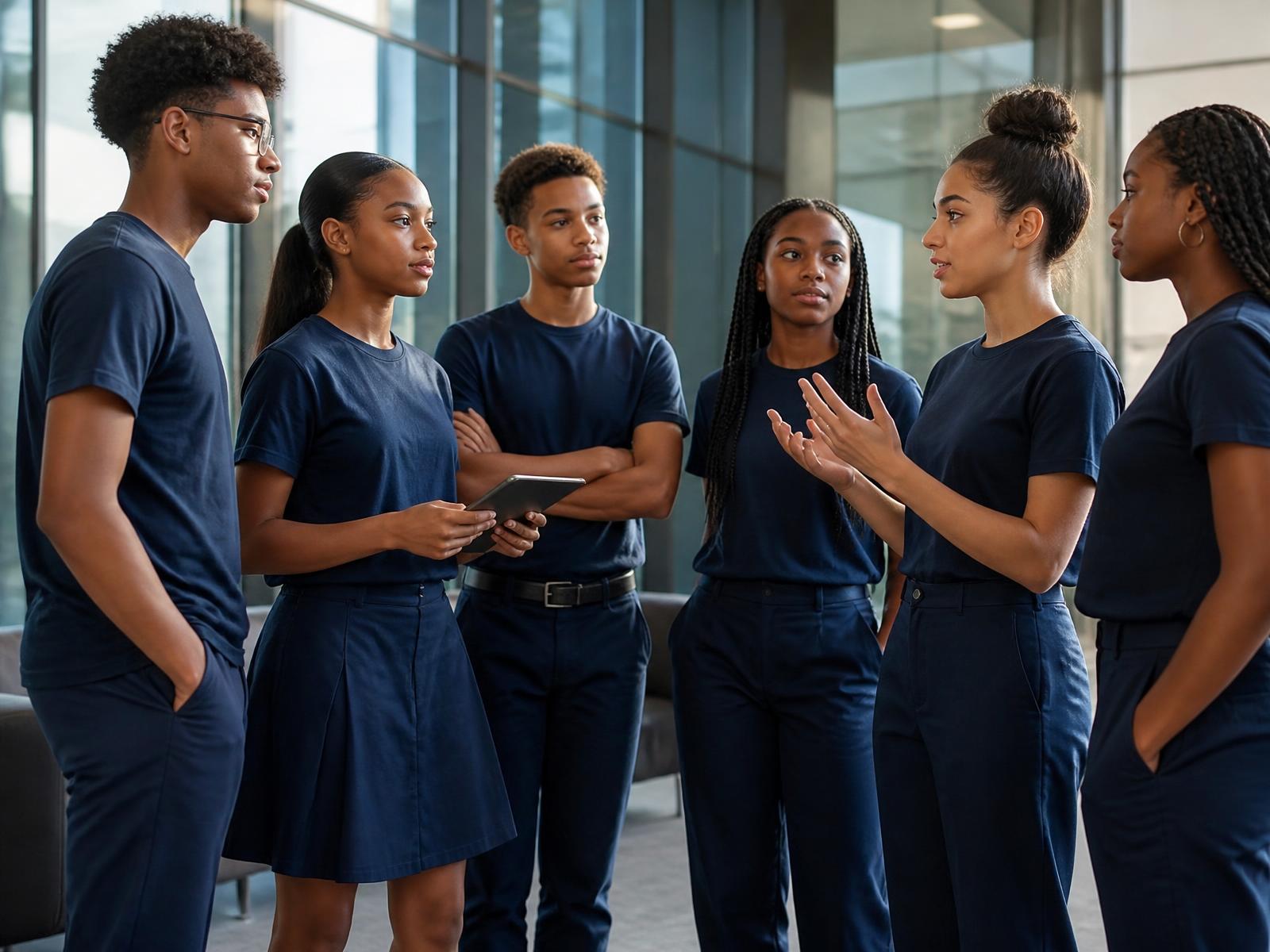 Students in navy uniform-inspired attire discussing a project with a mentor in a modern office lobby