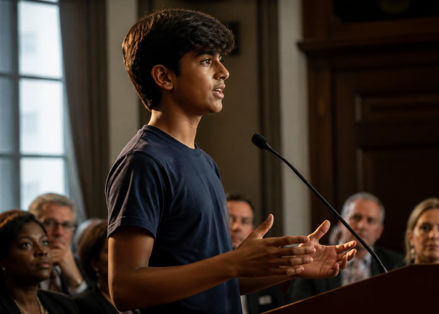 A student speaking at a podium microphone in a civic council chamber
