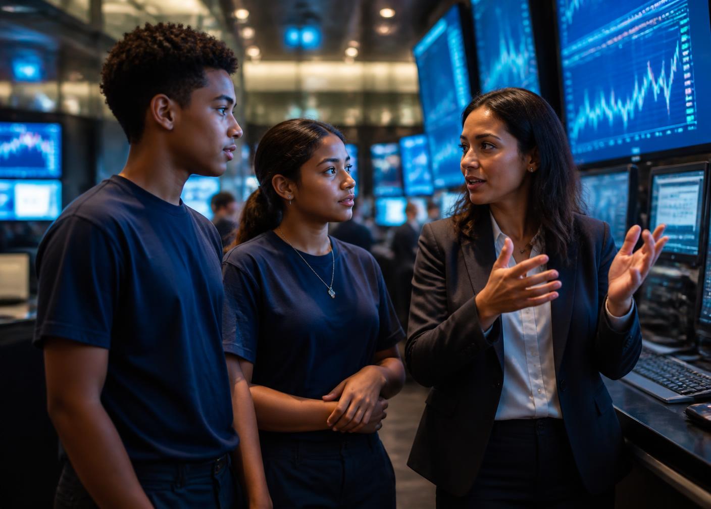 Two students touring a financial institution while a professional explains market data screens