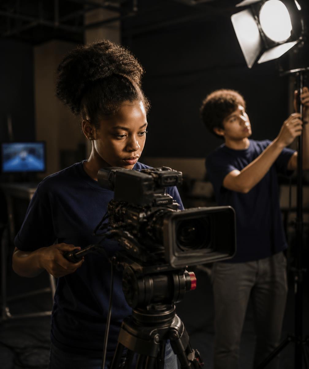 A student operating a professional camera in a media production studio with a classmate adjusting lighting